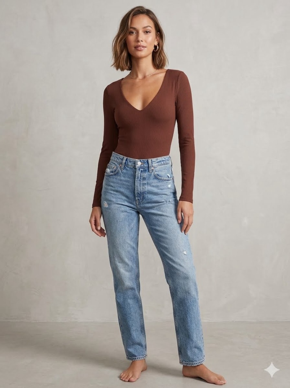 Brown Ribbed V-Neck Long-Sleeve Top One Piece